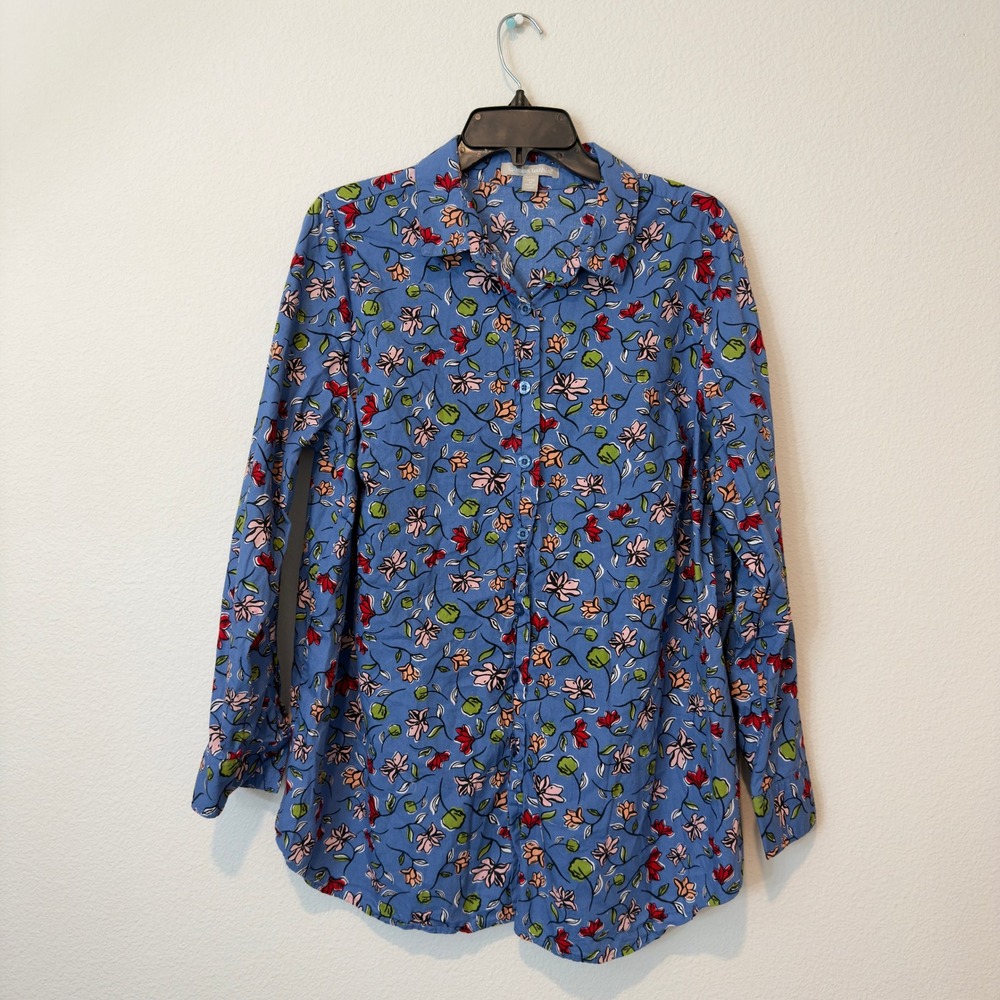 Woman Within Button Down Shirt Womens 14/16 M Blue Floral Good Cotton L/S